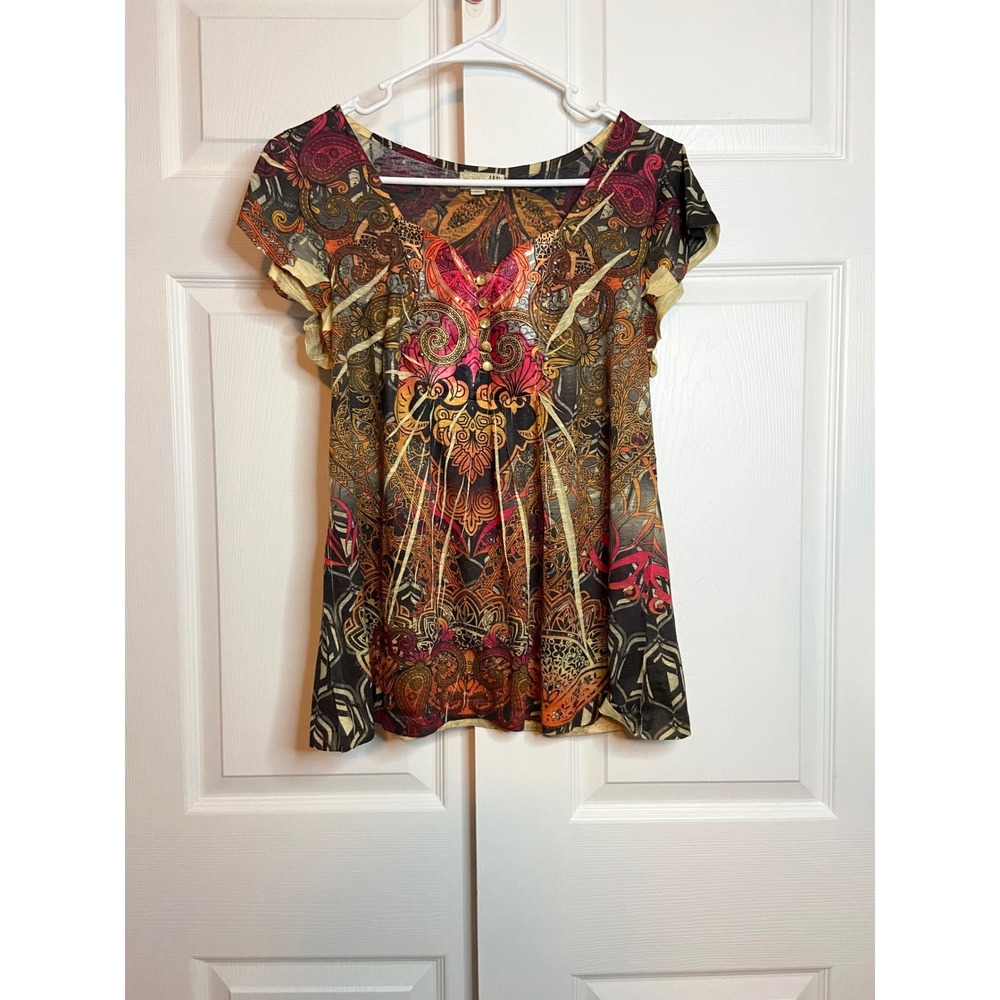 One World Paisley Sequin Henley Top Multicolor Short Sleeve Petite Large PL